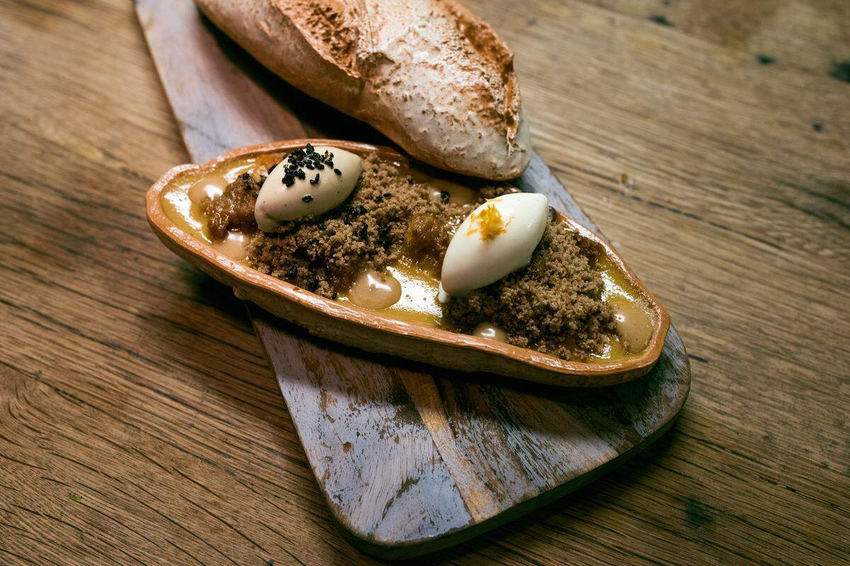 Bread PuddingSweet potato "pie" custard caramelized miso, chai tea ice cream, black sesame