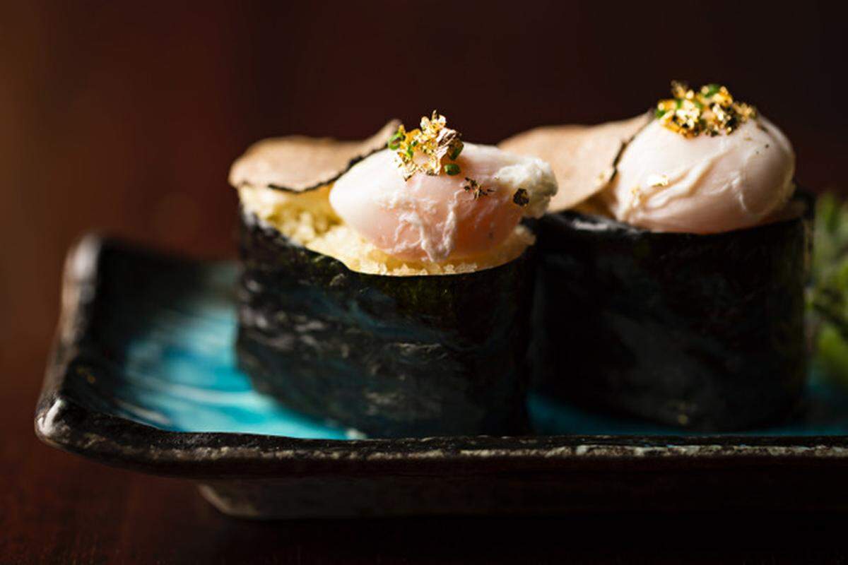 Slow Poached Quail Egg Gunkan with Truffle at Novikov