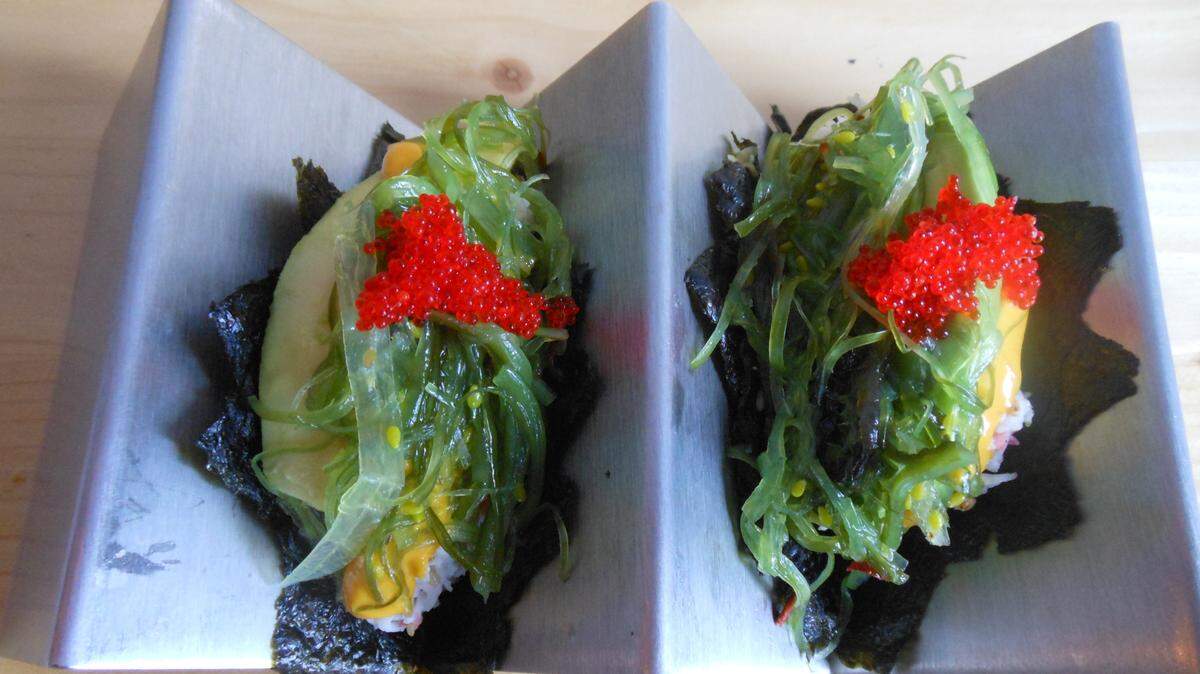 Nori tacos with seaweed. Nori, the green wrapping on sushi rolls, is rich in protein, fiber and omega-3 fatty acids.