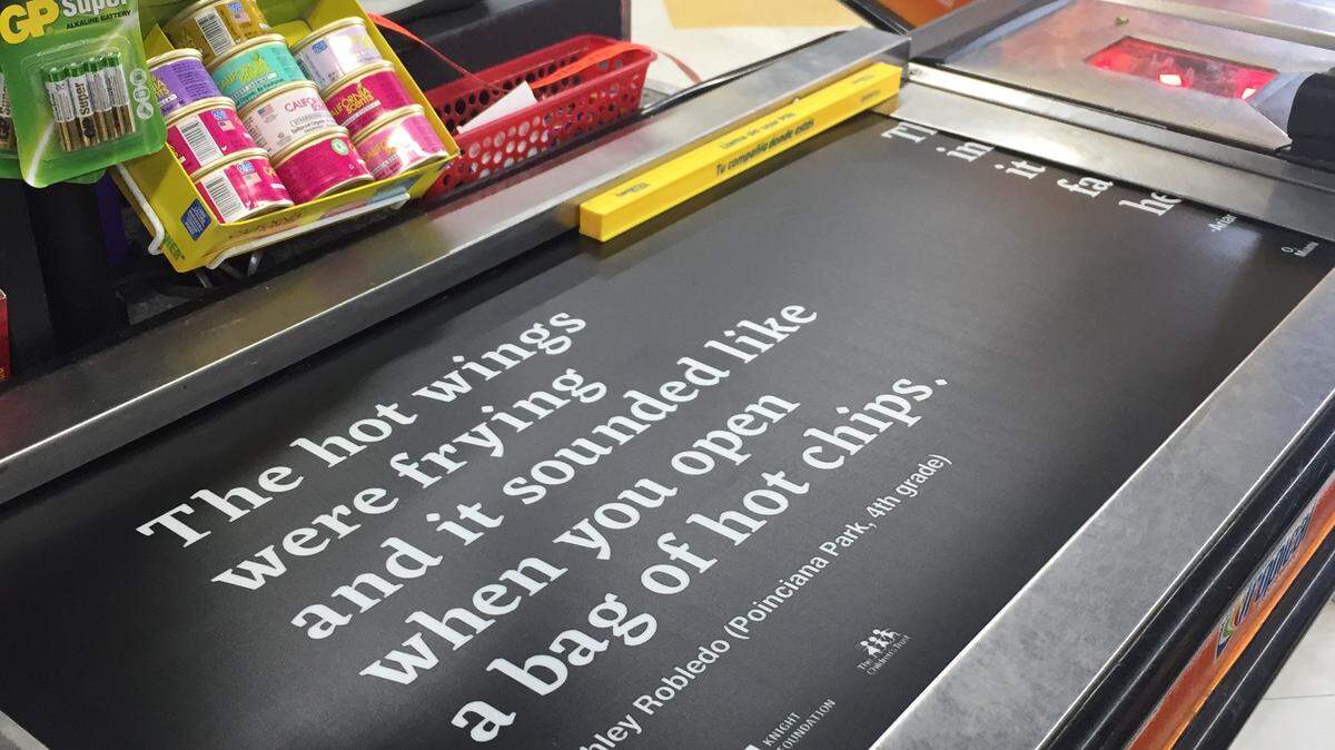 Liberty City third- and fourth grader poetry appears this month at all seven Sabor Tropical supermarkets for O, Miami's poetry month.