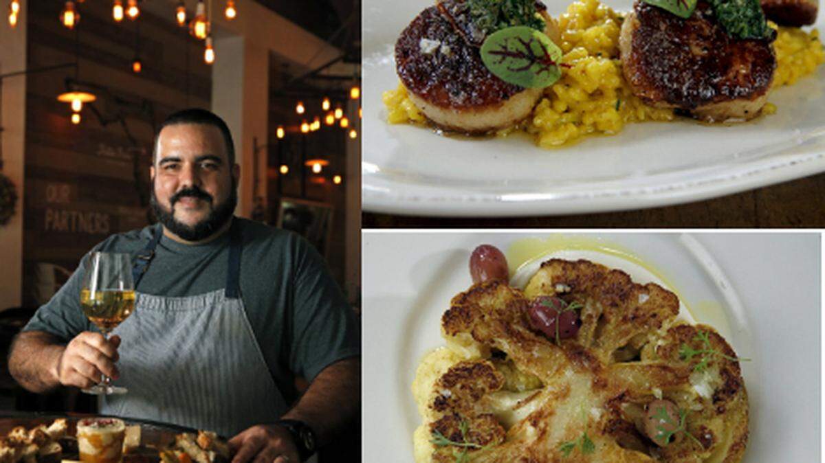 Chef Tomas Prado with Golden Fig's seared scallops and cauliflower steak. Al Diaz adiaz@miamiherald.com