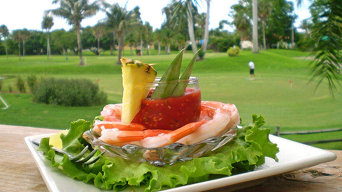 Shrimp cocktail with a view of the links at the Miami Shores Country Club.