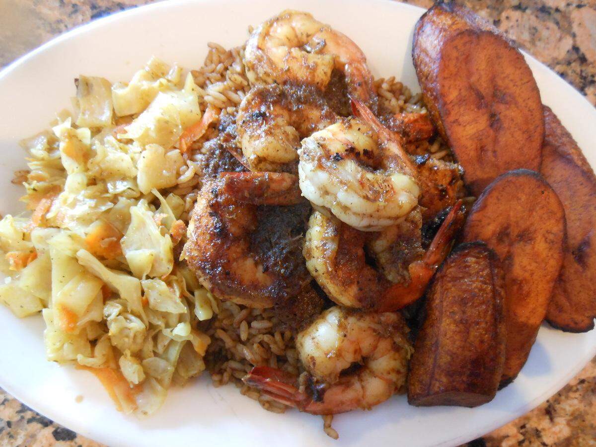 Jerk shrimp with plantains, cabbage and rice at Chokas