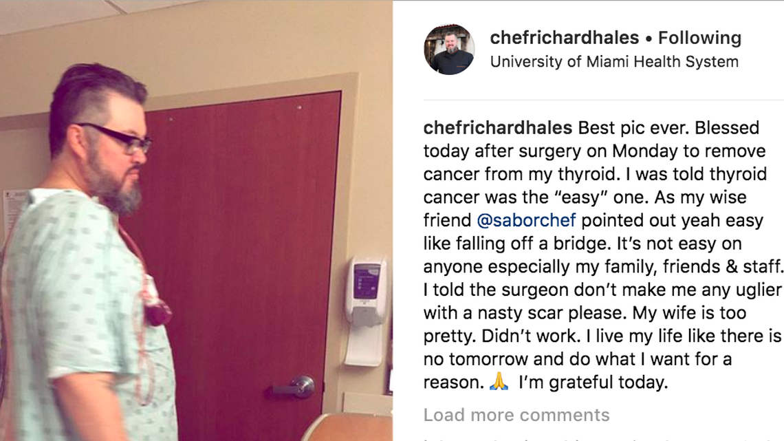 Chef Richard Hales posted a picture of himself convalescing from thyroid cancer surgery on Sept. 10.