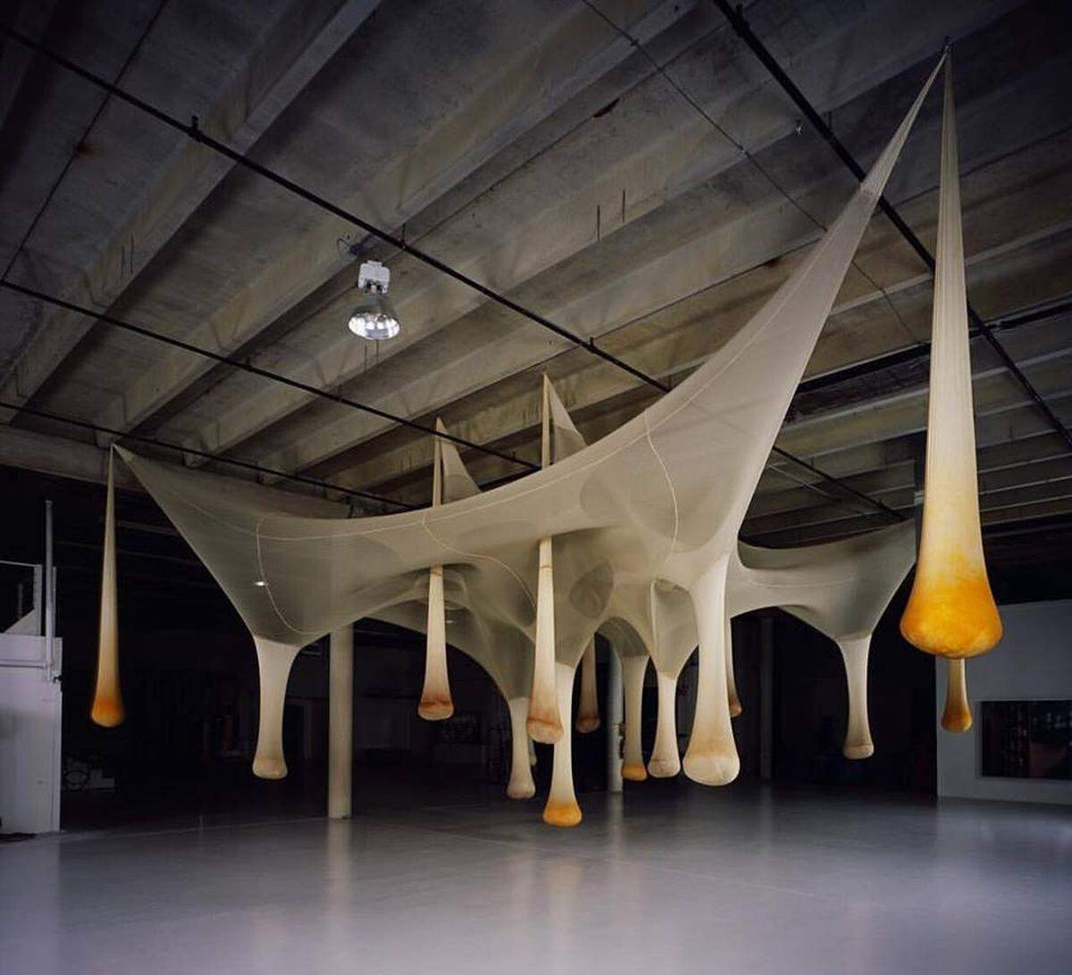Ernesto Neto, "É ô Bicho!", 2001, Lycra tulle, polyamide tubes, hooks, turmeric, black pepper, and clove on display at Margulies Collection. (Facebook)