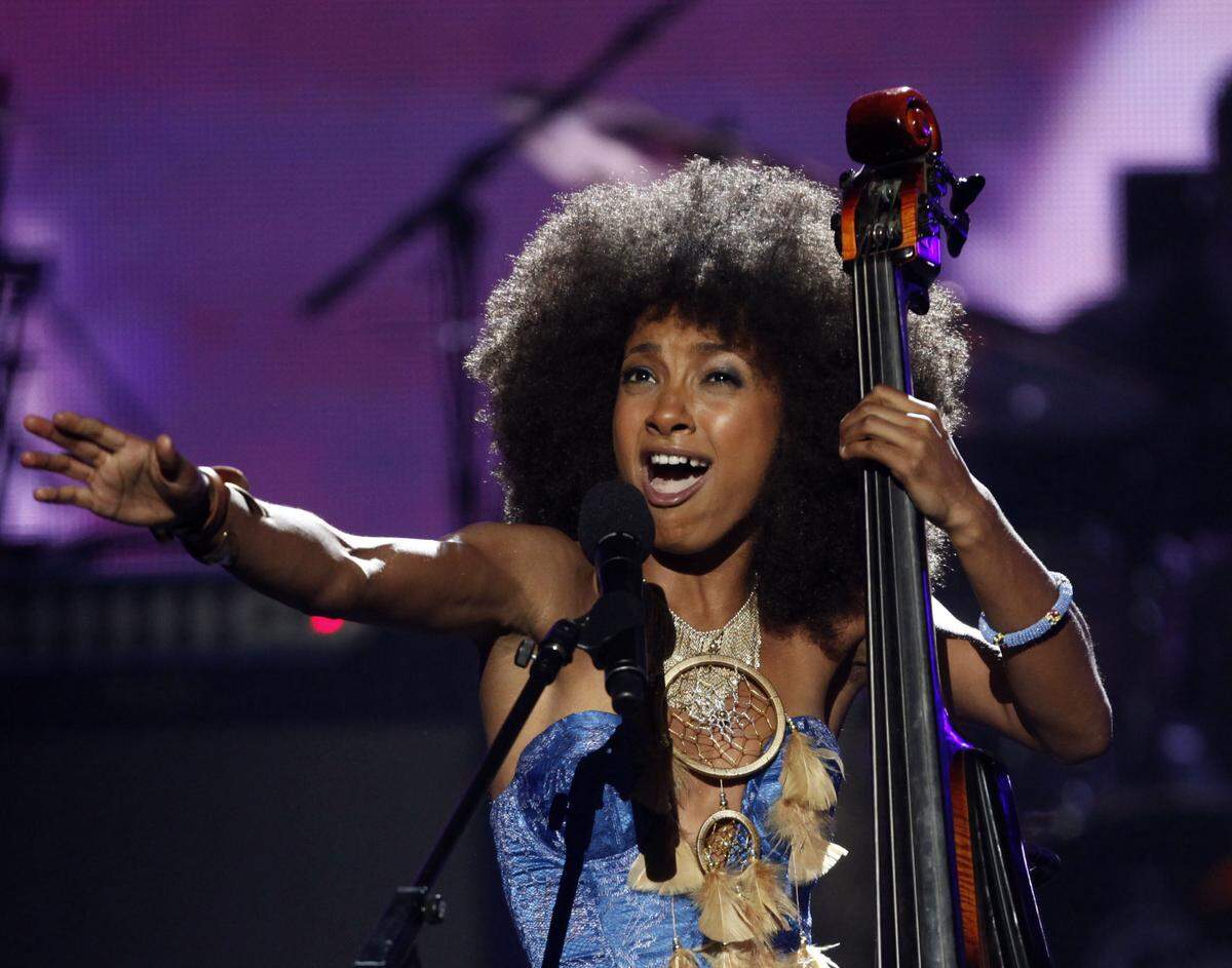 FILE - In this June 27, 2010 file photo, Esperanza Spalding performs at the BET Awards in Los Angeles.  (AP Photo/Matt Sayles, file)