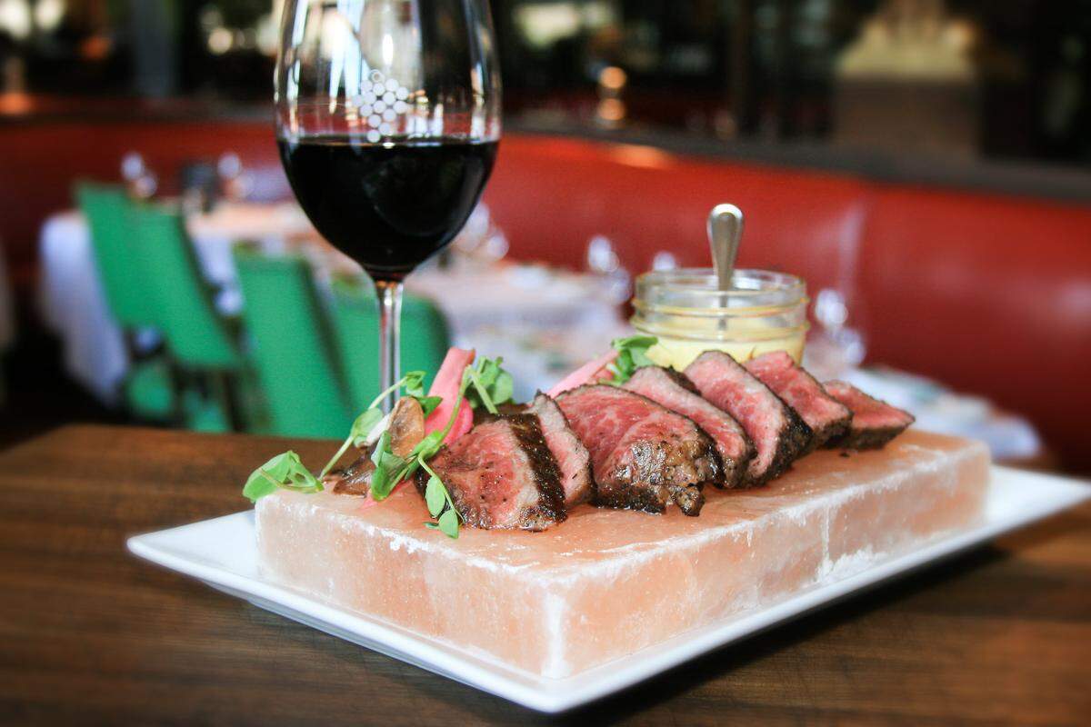 Snake River Farms Wagyu sirloin on salt block by Chef Matt King. (Handout)