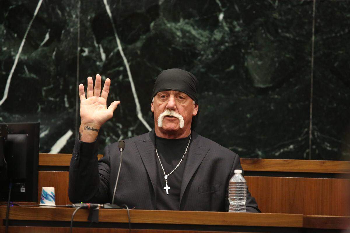 Hulk Hogan, whose given name is Terry Bollea, takes the oath in court on Tuesday, March 8, 2016, during his trial against Gawker Media, in St. Petersburg, Fla. Hogan and his attorneys are suing Gawker for $100 million, saying that his privacy was violated, and he suffered emotional distress after Gawker posted a sex tape filmed of Hogan and his then-best friend’s wife. (John Pendygraft/Tampa Bay Times via AP, Pool) MANDATORY NY POST OUT