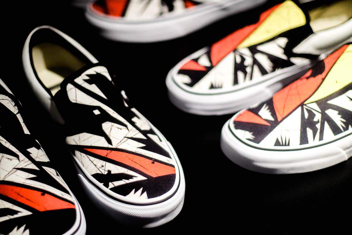 Vans sneakers with images inspired by "The Birds" on display at Miami Beach Cinematheque. (Handout)