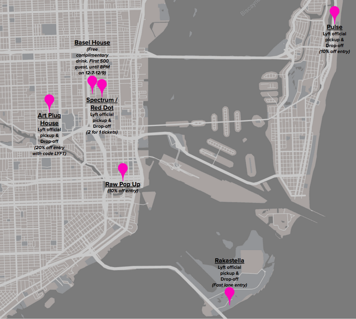 The list of designated pickup and/or drop-off zones and locations that will offer bonus offers for Lyft riders.