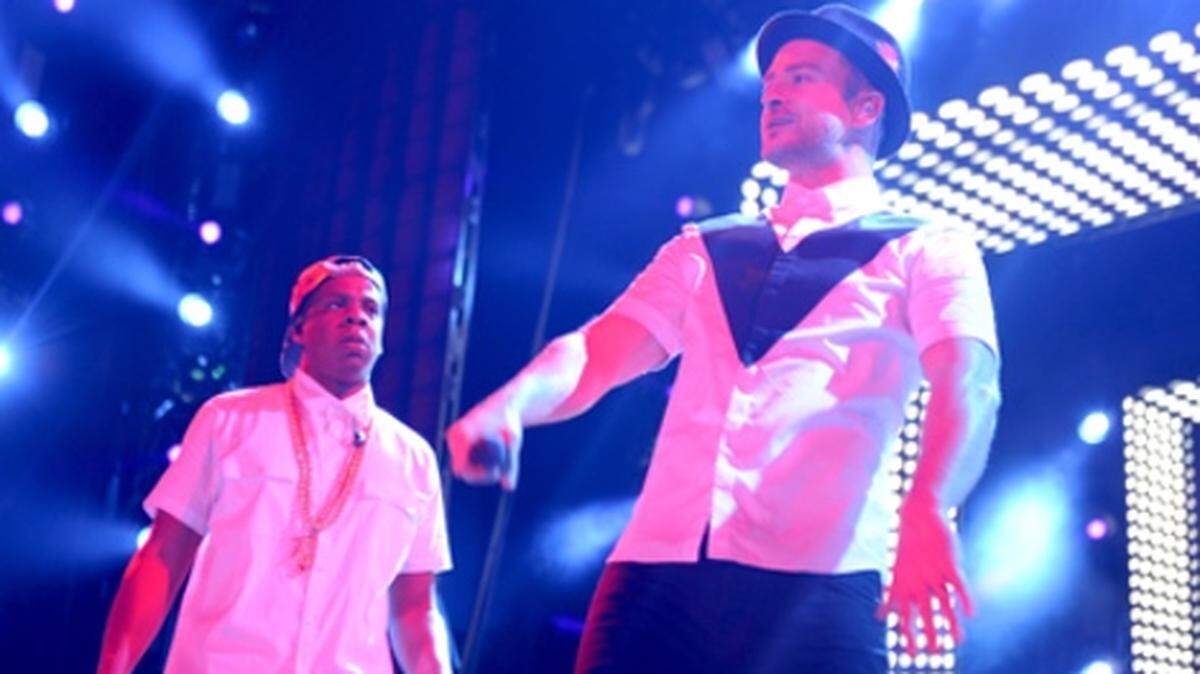 Jay Z and Justin Timberlake perform at Sun Life Stadium. Photo: Manny Hernandez