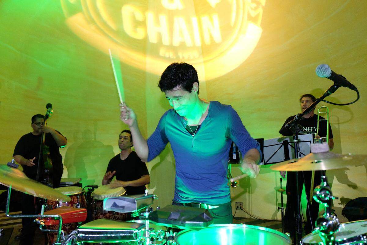 Drummer from Salsa band Mixtura at World famous Ball and Chain bar and lounge in Little Havana on Calle Ocho
