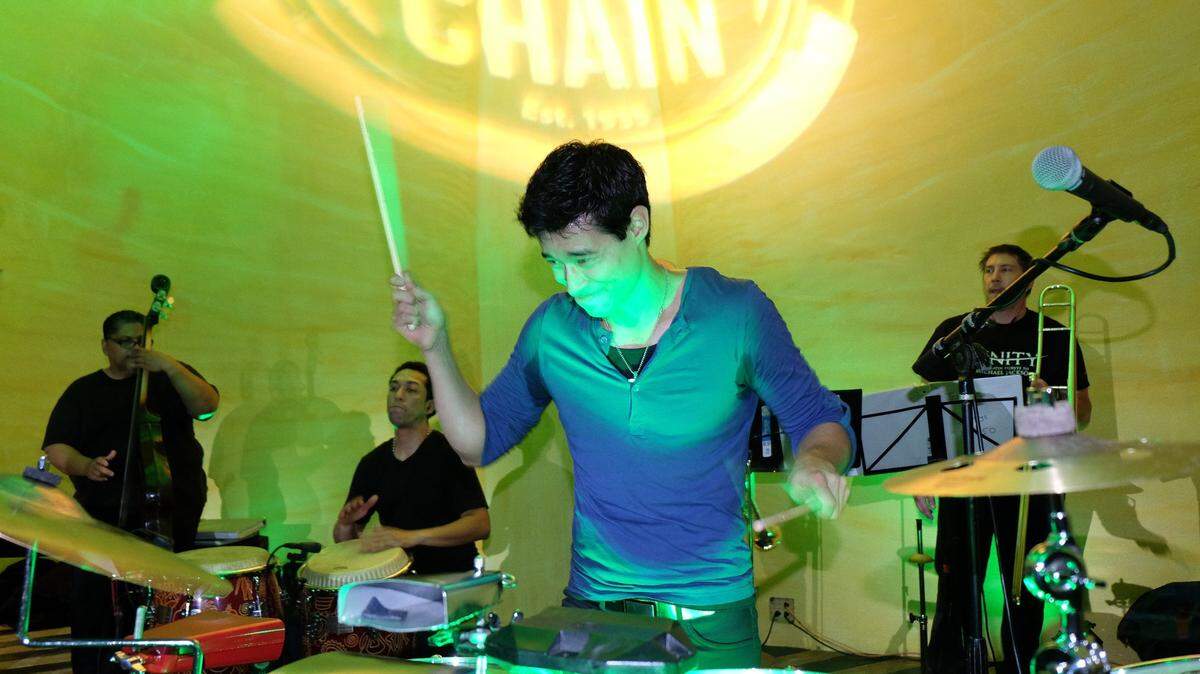 Drummer from Salsa band Mixtura at World famous Ball and Chain bar and lounge in Little Habana on Calle Ocho