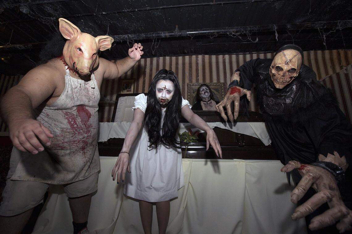(L to R) Antonio Marrero (Butcher), Alex Alicea (Little Girl), Matthew Donovan (Vamp) and David Sanchez (Skull) at House of horror at Miami International Mall, Doral on Thursday September 24, 2015.