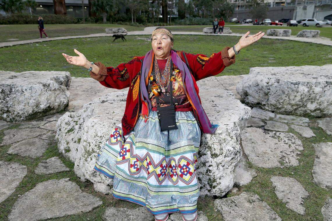 On Tuesday January 19, 2016 Catherine Hummingbird Ramirez recites ancestors greeting at the Miami Circle prior to her weekly Native American ceremony at the park.
