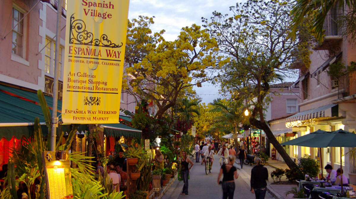 The entrance to Espanola Way from Washington Ave. on Miami Beach.
