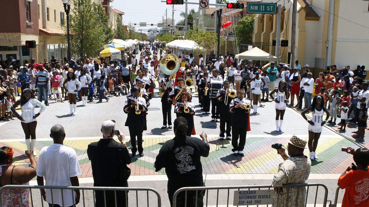 The Booker T. Washington High School Marching Band performs Saturday, April 9, 2011 during the Overtown Rhythm &amp; Arts Festival -- a free event that brought music, dance, art, food and fellowship to Miami's Overtown community, along Southwest Third Avenue from Ninth to 11th streets.