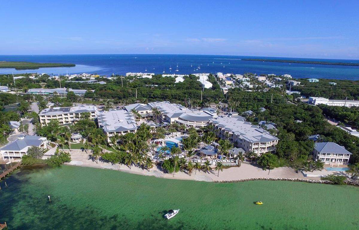 An aerial shot of Playa Largo's 15 acre property on the Florida Bay.