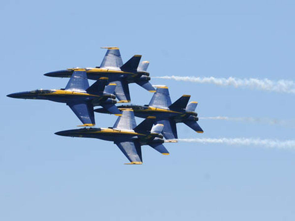 The Blue Angels fly over Pensacola Beach, Fla. on Thursday, July 8, 2010. The Blue Angels were practicing for their upcoming show on Saturday, July 10, 2010.