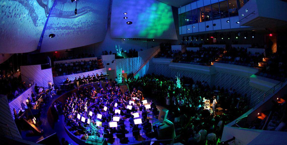 The New World Center hosted its second Pulse event, combining visual displays with live music. Photo: Tomas Loewy