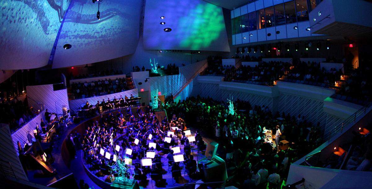 The New World Center hosted its second Pulse event, combining visual displays with live music. Photo: Tomas Loewy