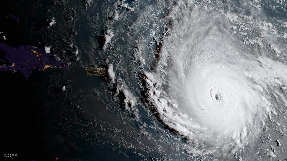 In this geocolor image captured by GOES-16  and released by the National Oceanic and Atmospheric Administration (NOAA), Hurricane Irma, a potentially catastrophic category 5 hurricane, moves westward, Tuesday morning, Sept. 5, 2017, in the Atlantic Ocean toward the Leeward Islands. Hurricane Irma grew into a dangerous Category 5 storm, the most powerful seen in the Atlantic in over a decade, and roared toward islands in the northeast Caribbean Tuesday on a path that could eventually take it to the United States. (NOAA via AP)