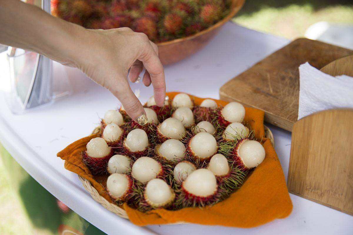 A festival-goer tries rambutan, a tropical fruit closely related to the lychee, at the annual Redland Summer Fruit Festival at Fruit &amp; Spice Park in Homestead on Saturday, June 13, 2015.