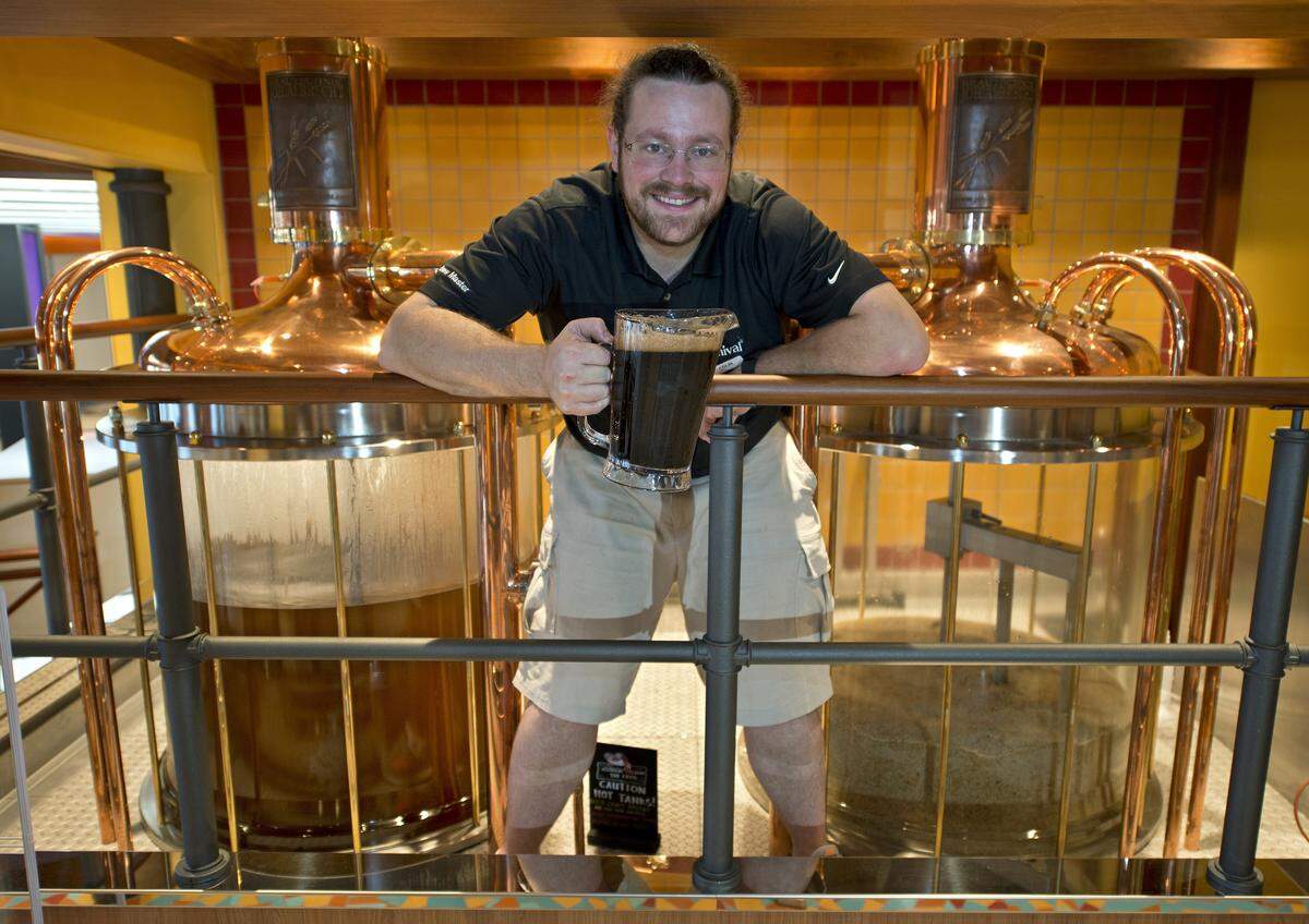 Carnival Vista Brewmaster Colin Presby brews on a 3-barrel system in the brewhouse in the RedFrog Pub onboard Carnival Vista. Photo by Andy Newman/Carnival Cruise Line