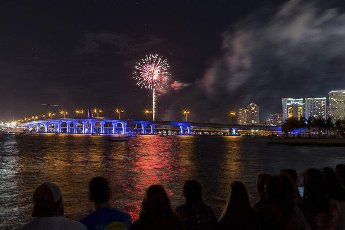 Spectators watch the Bayfront Park fireworks as Miami celebrates Independence Day in downtown on July 4, 2017.