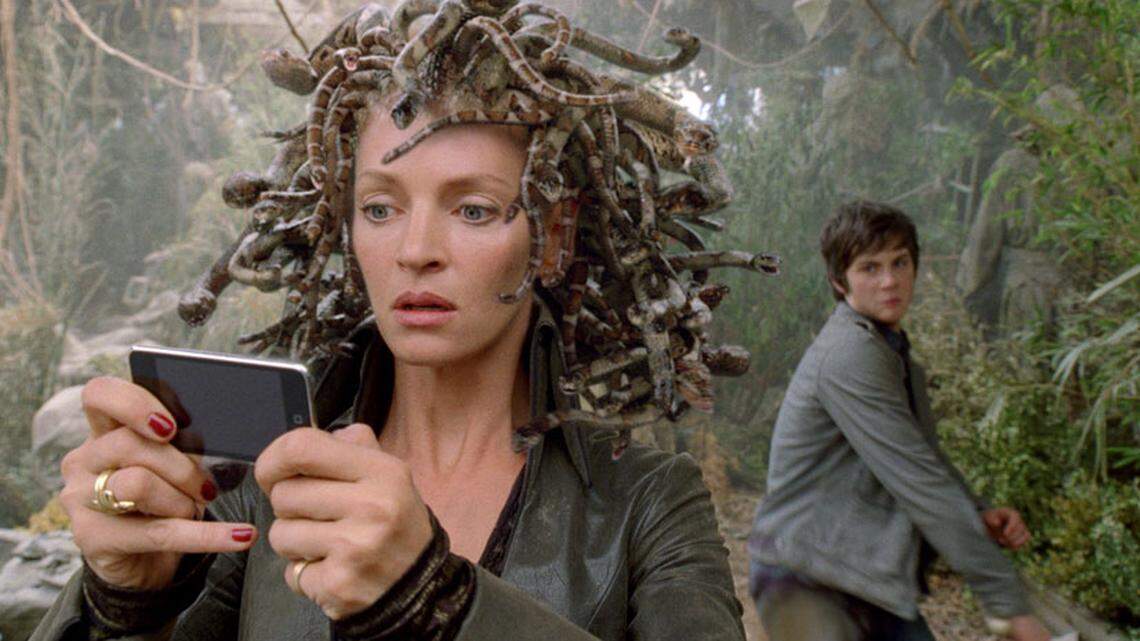 Percy Jackson prepares to give a final 'heads up' to Medusa (Uma Thurman). COURTESY TWENTIETH CENTURY FOX