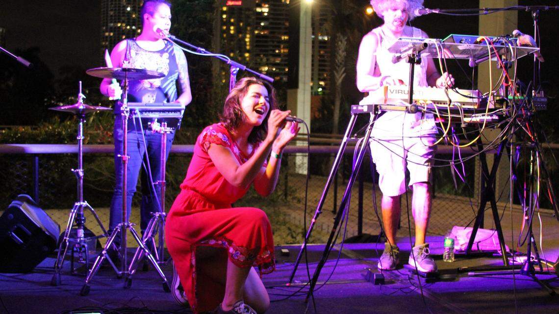 Afrobeta, Miami’s romance/electro/funk band played on PAMM’s outside terrace overlooking Biscayne Bay during the three-hour "Cycle de Mayo" event.