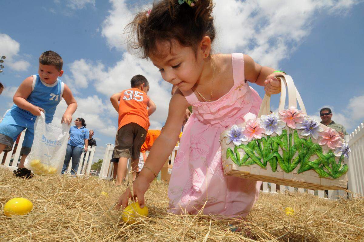 Three year old Kassandra Mollinedo (cq) collecting egg's during a Easter Egg hunt at Hialeah, Goodlet Park, at 4200 West Eigth Avenue, Saturday,  April 23rd, 2011.