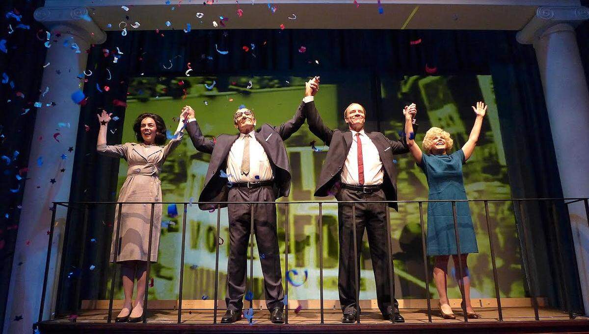 Deborah L. Sherman, J. Kenneth Campbell, Tom Wahl and Christina Groom as Muriel Humphrey get political in “All the Way.”