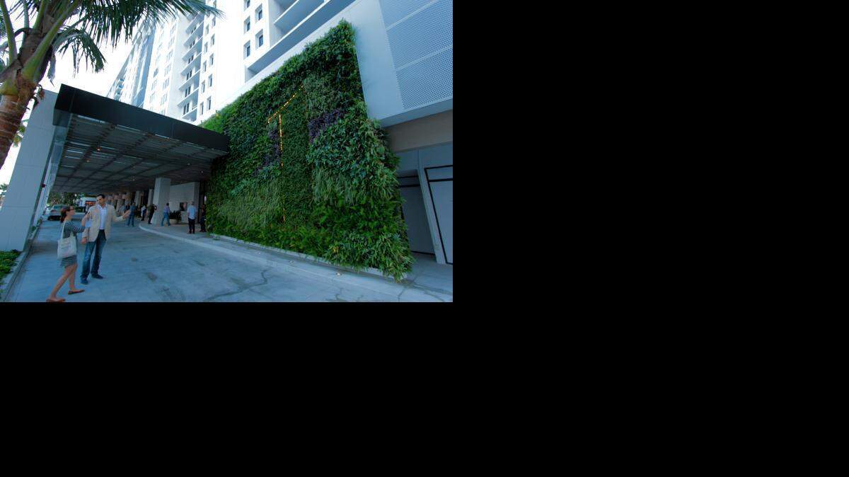 
The environmentally-focused 1 Hotel South Beach features a green wall at its main entrance. The 1 Hotel South Beach opens on Wednesday after a massive re-working of the former Gansevoort.
