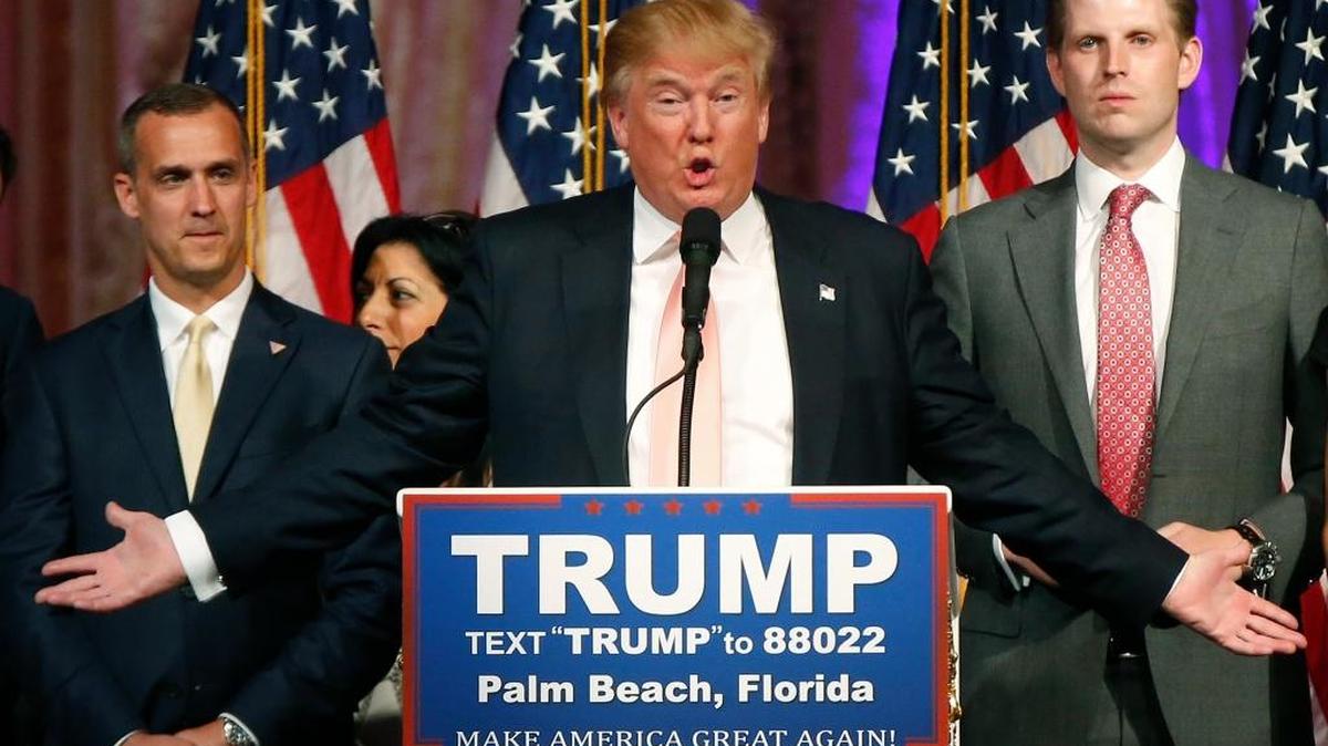 Republican presidential candidate Donald Trump speaks to supporters Tuesday night at his Mar-a-Lago Club in Palm Beach.