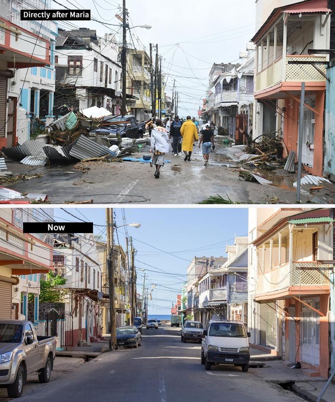 Before and after image of Dominica after Hurricane Maria. The island sustained considerable damage.