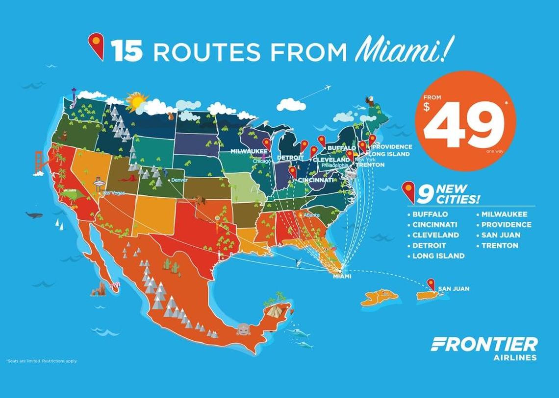 Frontier Airlines’ expanded service at MIA includes five cities that no other airlines currently fly to from the airport and brings Frontier’s total network at MIA to 15 cities.