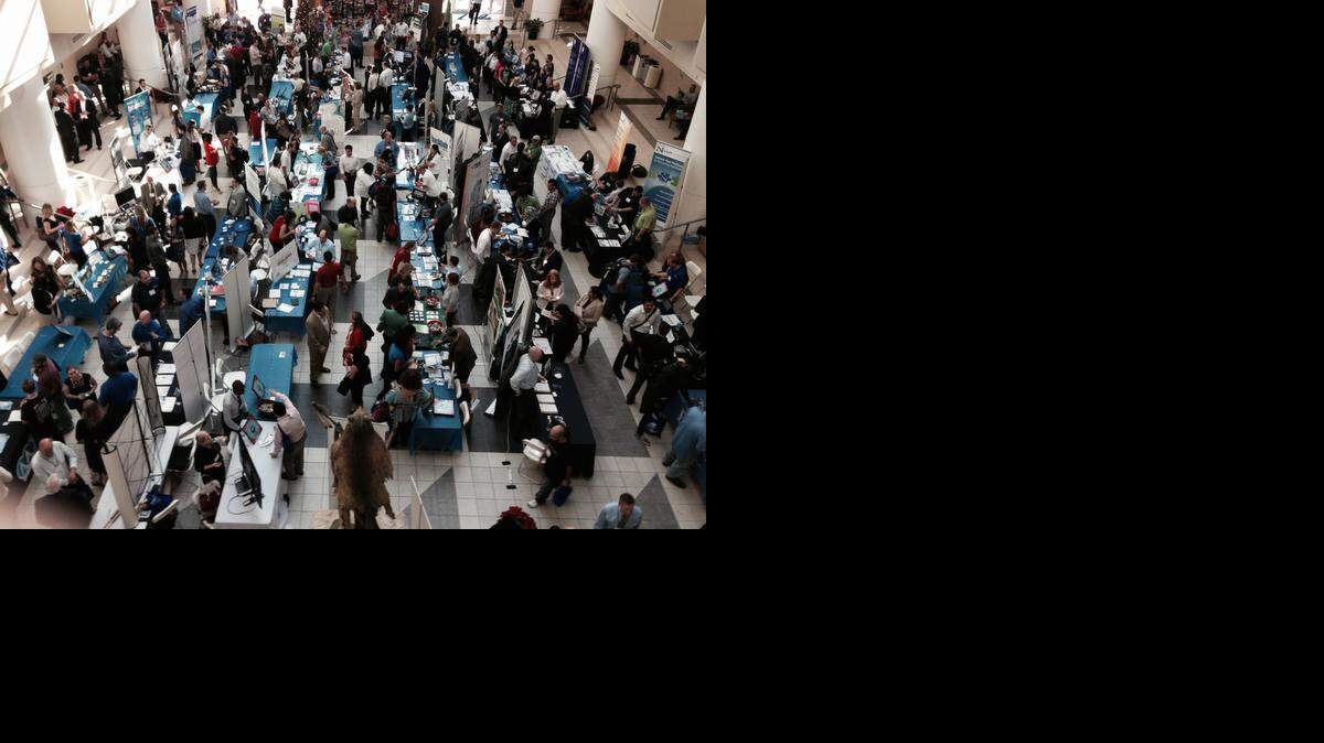 
The exhibit area at the ITPalooza technology event Thursday at Nova Southeastern University featured 78 exhibitors. About 2,000 people attended the all-day event of exhibits, workshops and panel discussions, a hiring fair, hackathon and party.
