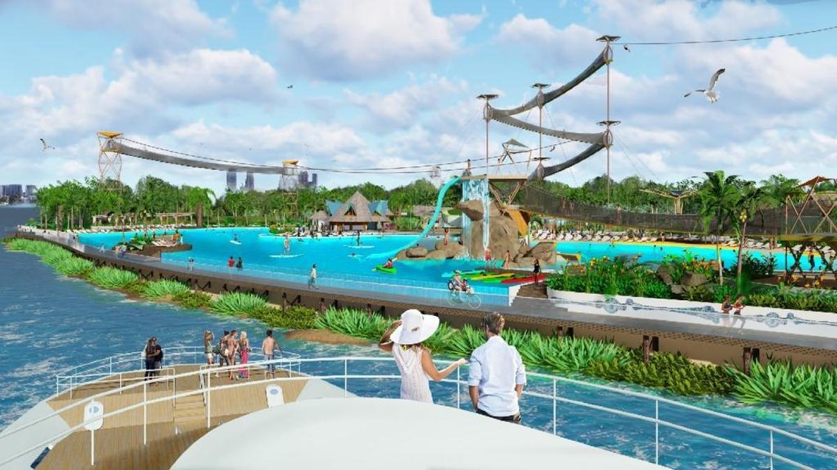 Rendering of the renovated Jungle Island as seen from Biscayne Bay. The parks Phase One changes will add a man-made lagoon and seven zip line towers.
