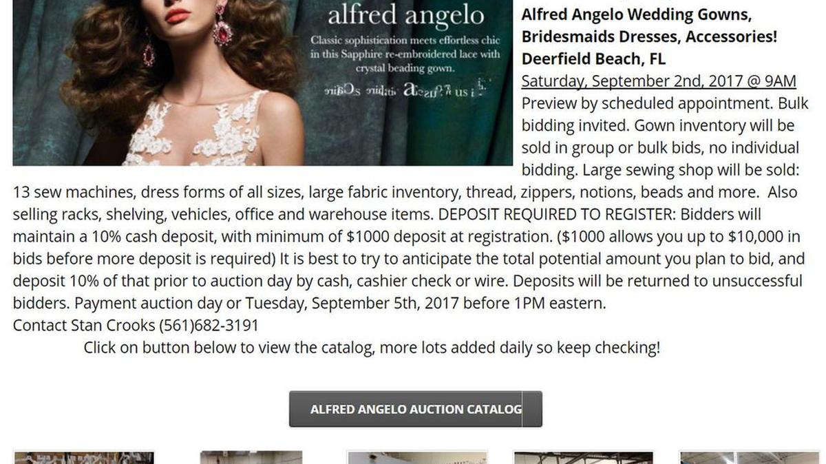 Screenshot advertising Alfred Angelo’s bulk auction, from the website 2bid4stuff.com. Bids on individual gowns will not be accepted.