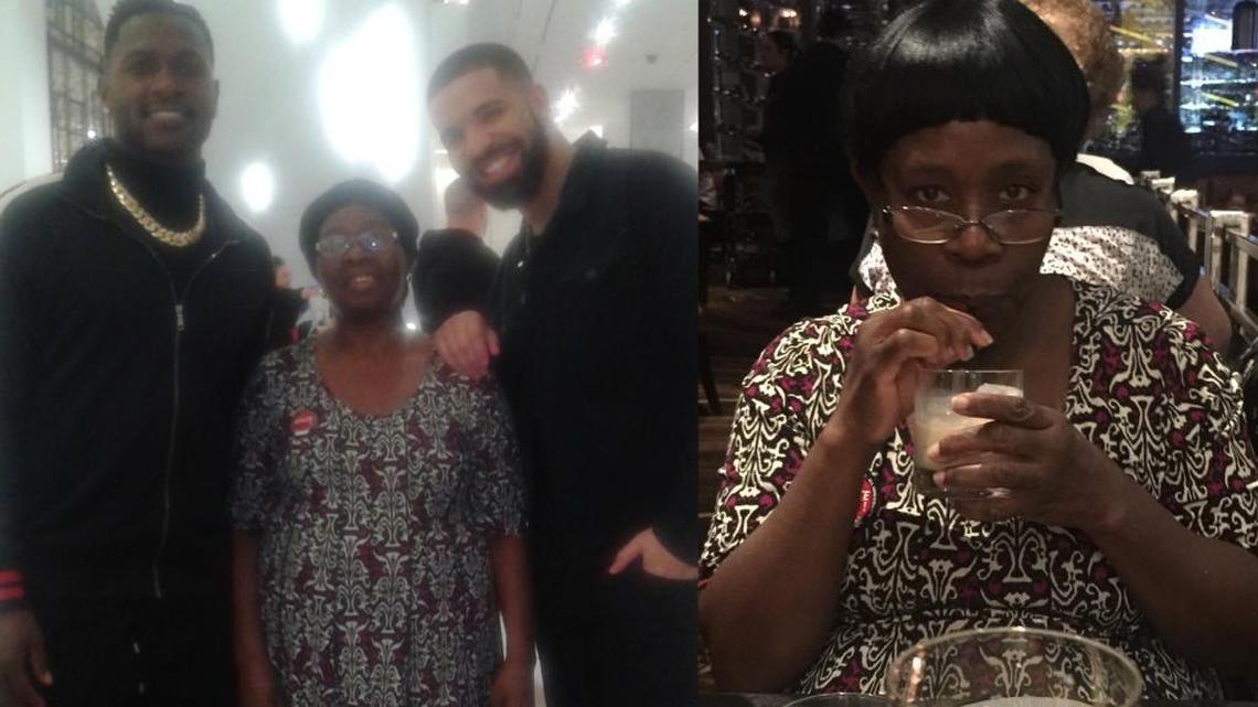 In the photo on the left, Odelie Paret, center, with Drake, right, and Steelers player Antonio Brown at Saks Fifth Avenue on Feb. 6, 2018. In the photo on the right, Paret eats dinner at the Fontainebleau’s StripSteak by Michael Mina restaurant courtesy of Drake.