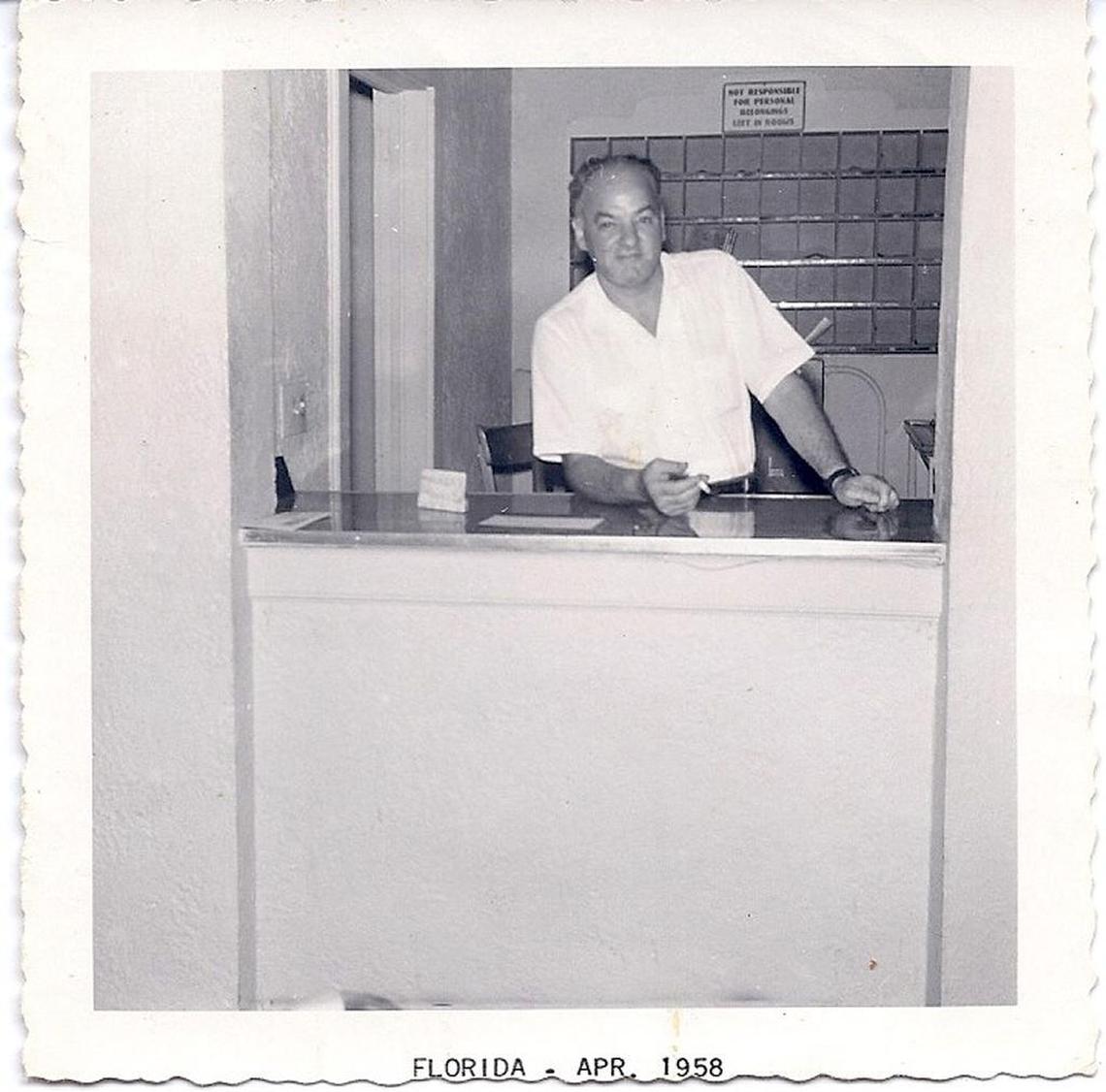 Henry Schechtman at the front desk of the Tower Hotel in 1958.