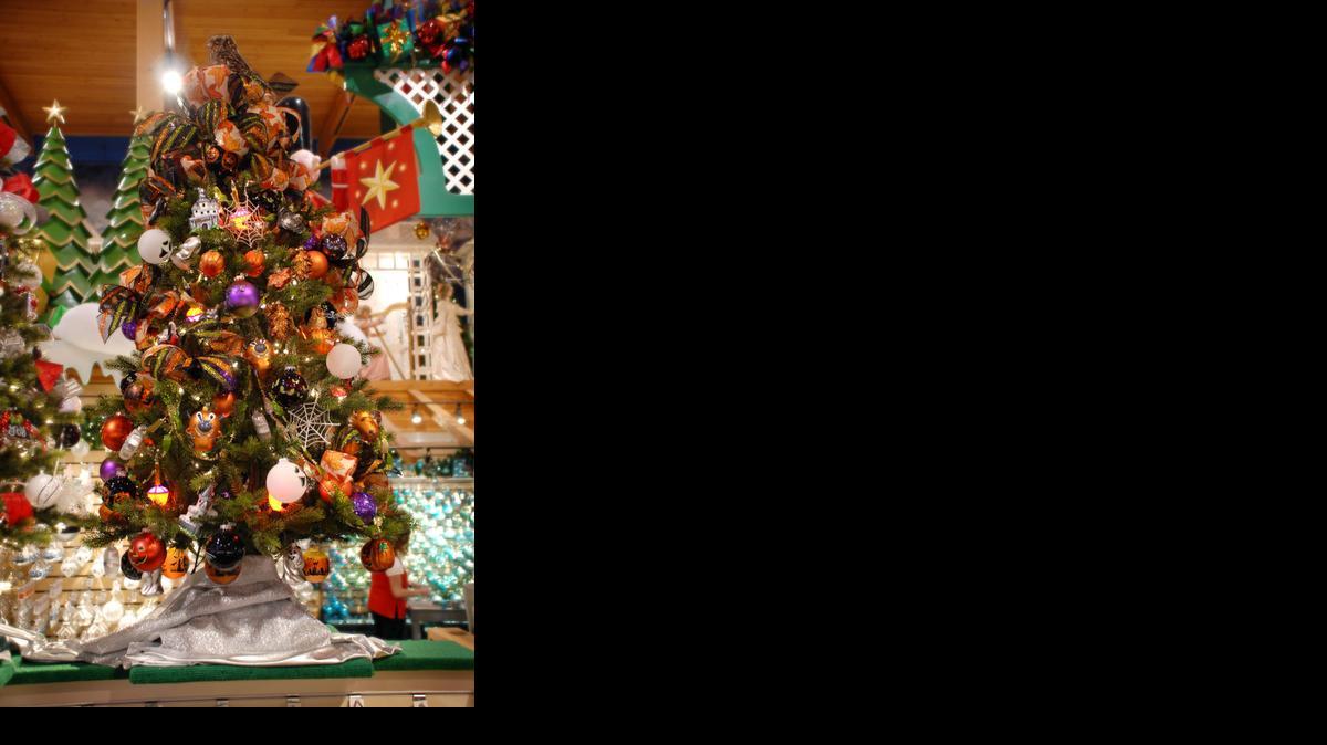 
This undated image released by Bronner's Christmas Wonderland shows a Halloween-themed tree displayed at Bronner's Christmas Wonderland, a large Christmas store in Frankenmuth, Mich. So-called holiday creep, where the traditions one special occasion are embraced by another, now extends to Halloween. 

