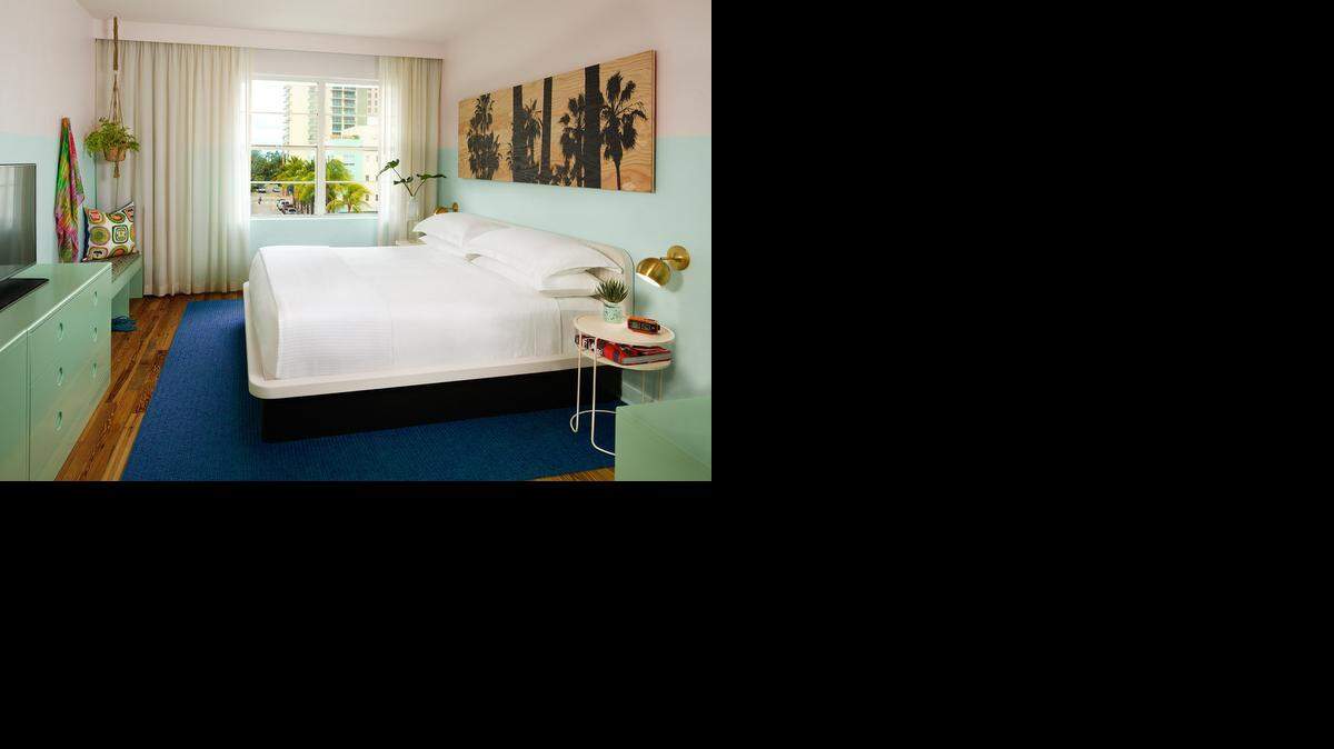 
A guess room is shown at The Hall, the 164-room hotel in Miami Beach opening this summer from Joie de Vivre. 
