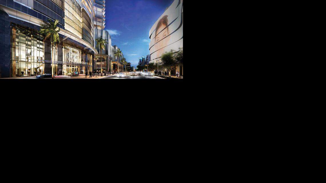 
Rendering of the street entrance of the planned condo tower at the multi-block Miami Worldcenter project in Park West.
