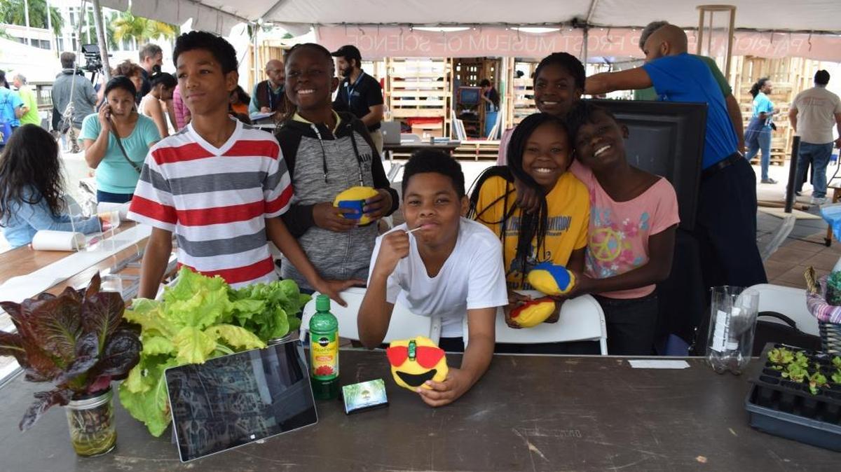Gabriel Streeter, Shekeyna Walker, Amauri Stratford, Kenya Burnes, Kaniya Smith, Jennifer Jean-Jacques have been working with aquaponics in their school and participated in a booth at the Miami Mini Maker Faire.