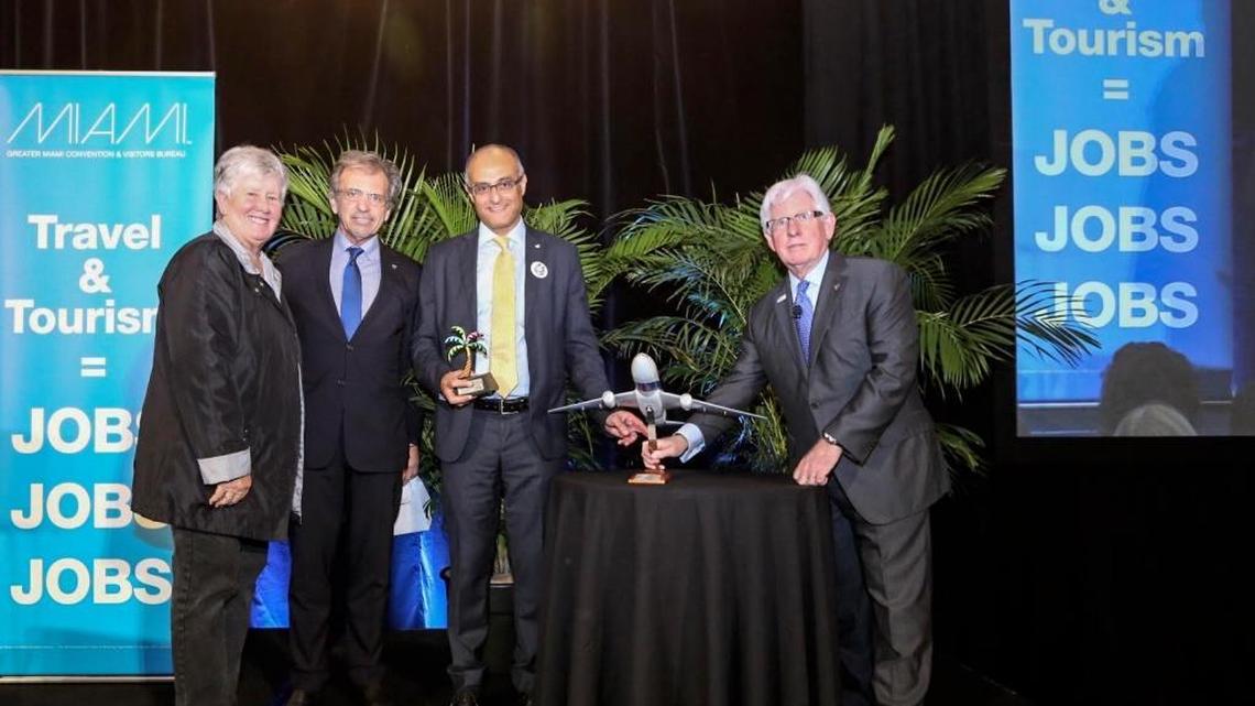 Miami-Dade Commissioner Sally Heyman, Greater Miami Convention & Visitors Bureau chairman Bruce Orosz, El Al president and CEO David Maimon and GMCVB president and CEO William D. Talbert, III, at the tourism bureau’s annual meeting, Wednesday, November 1, at the Loews Miami Beach hotel.