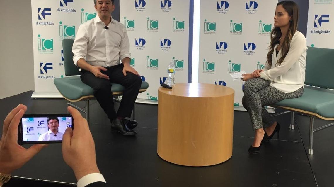 Travis Kalanick, CEO of Uber, and Melissa Medina, a vice president of eMerge Americas, discuss entrepreneurship and Uber’s bumpy ride into South Florida at a full-house event for students at Miami Dade College’s Idea Center.