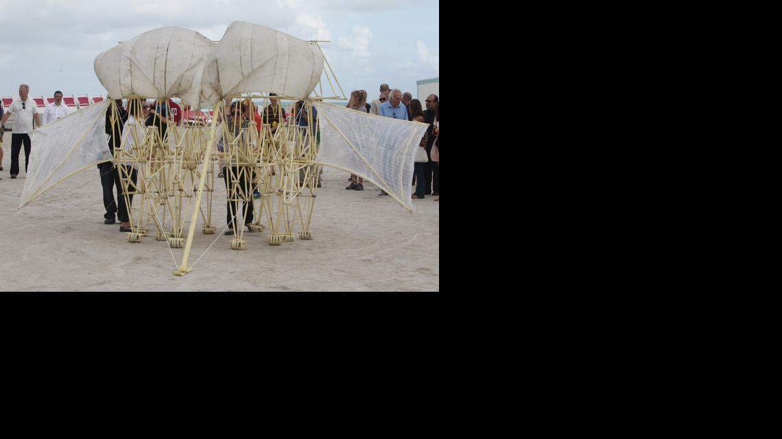 
Theo Jansen demonstrates his Strandbeests on Miami Beach for Art Basel.
