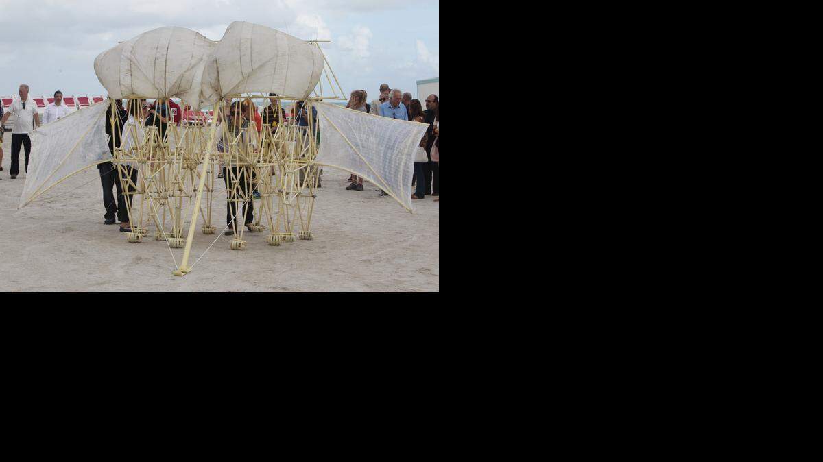 
Theo Jansen demonstrates his Strandbeests on Miami Beach for Art Basel.
